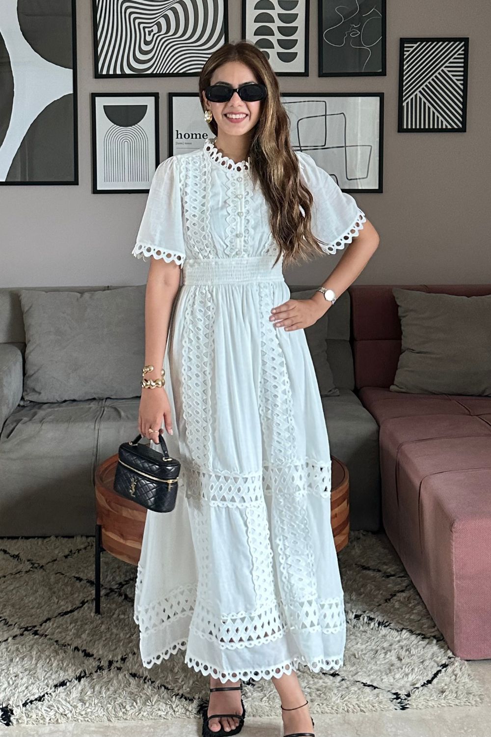 Tushita Mehta in our Sabrina Lace Dress