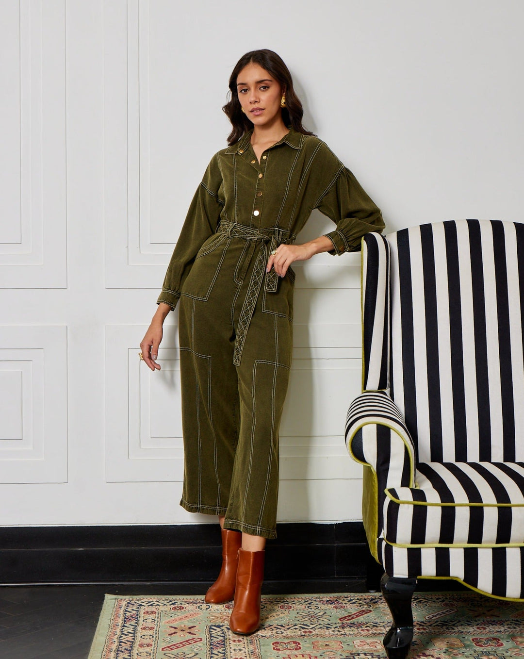 Nikki Mehra In Our Kendal Olive Jumpsuit