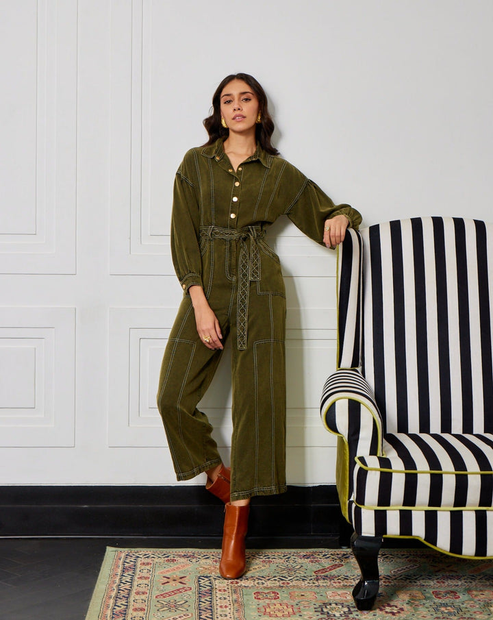 Nikki Mehra In Our Kendal Olive Jumpsuit