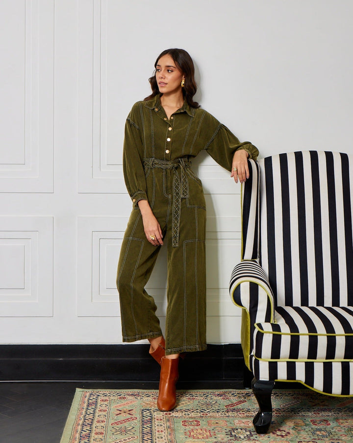 Nikki Mehra In Our Kendal Olive Jumpsuit