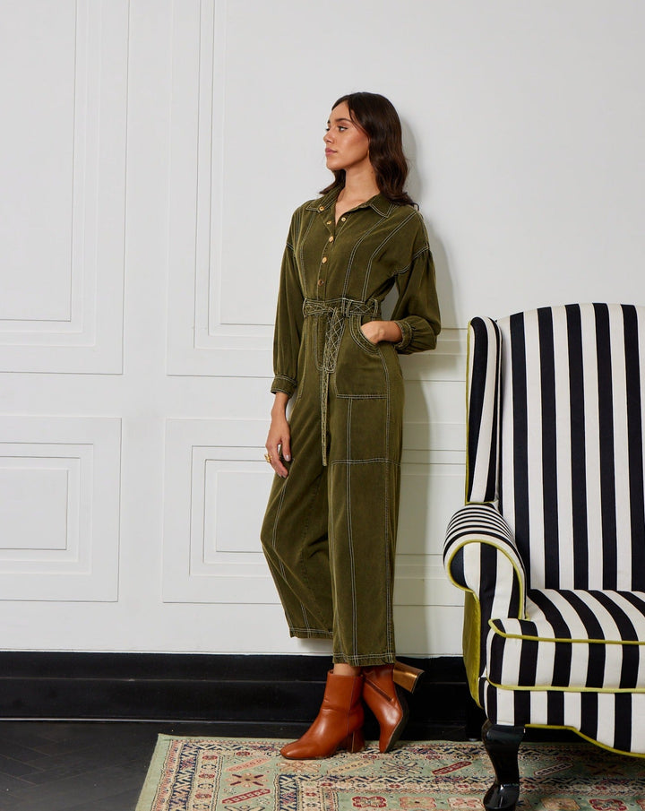 Nikki Mehra In Our Kendal Olive Jumpsuit