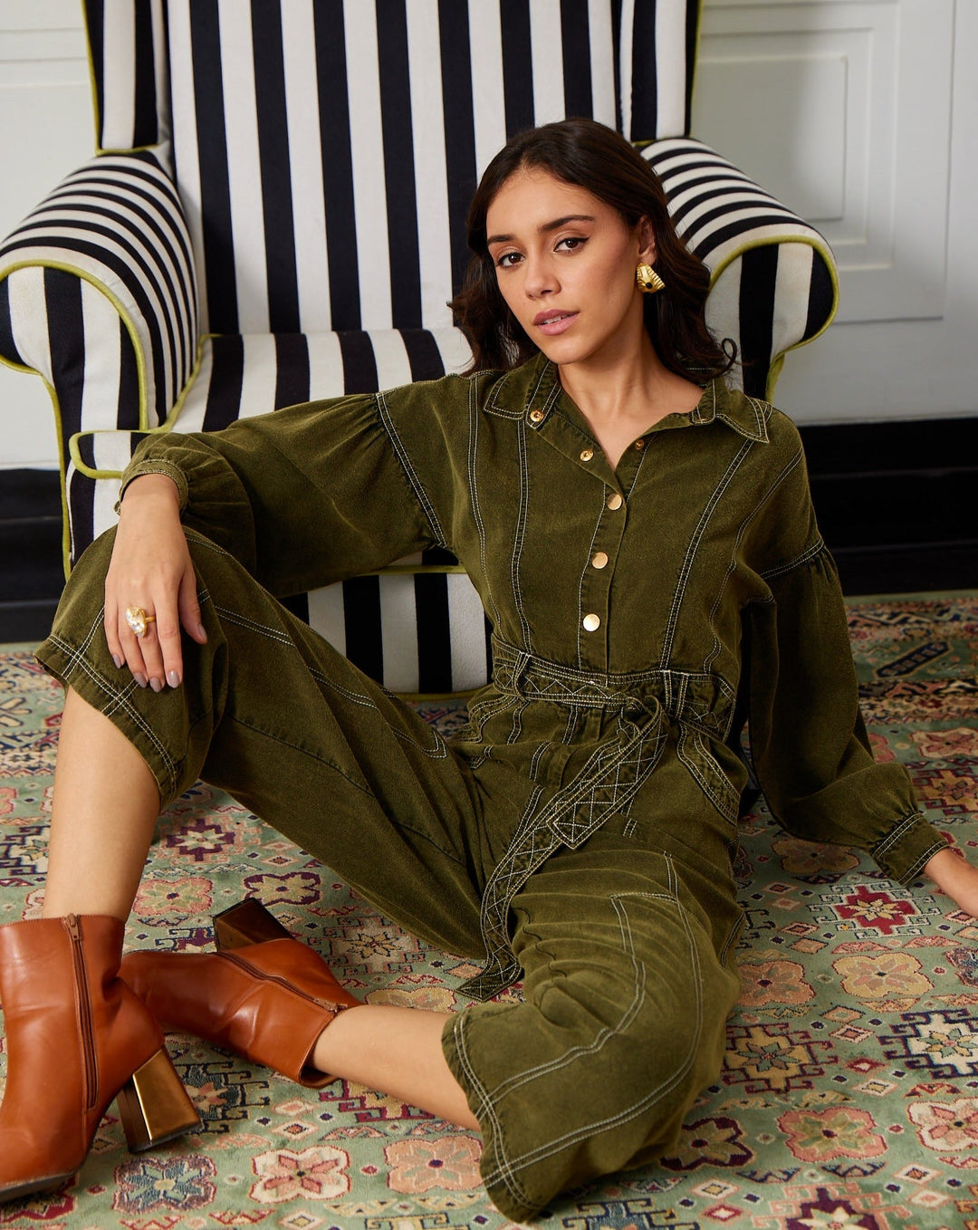 Nikki Mehra In Our Kendal Olive Jumpsuit