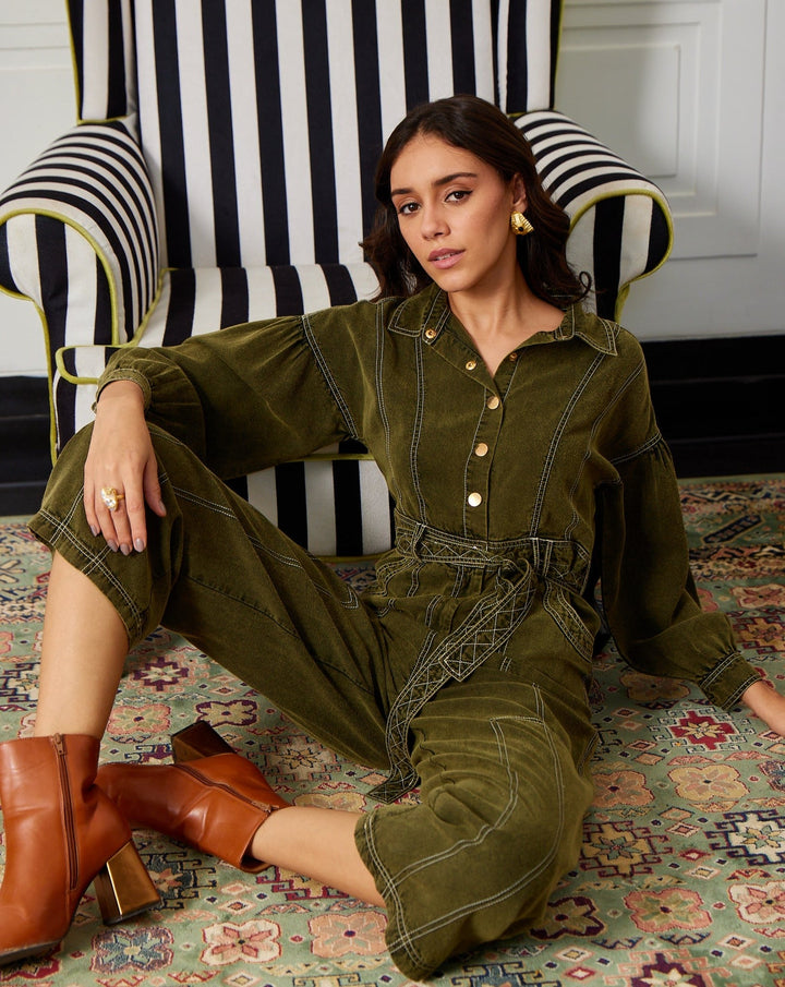 Nikki Mehra In Our Kendal Olive Jumpsuit