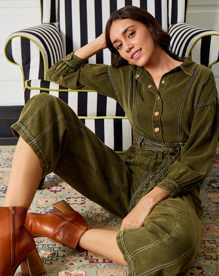 Nikki Mehra In Our Kendal Olive Jumpsuit