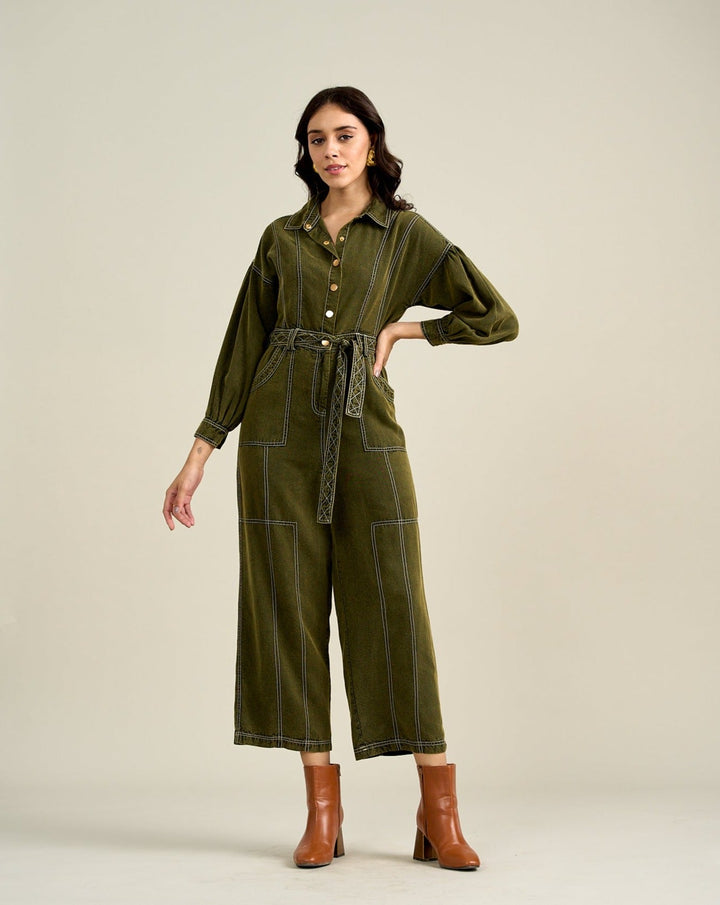 Nikki Mehra In Our Kendal Olive Jumpsuit