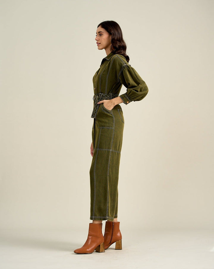 Nikki Mehra In Our Kendal Olive Jumpsuit