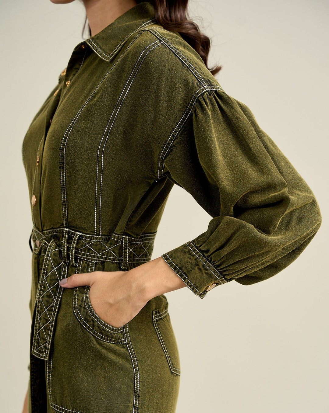 Nikki Mehra In Our Kendal Olive Jumpsuit