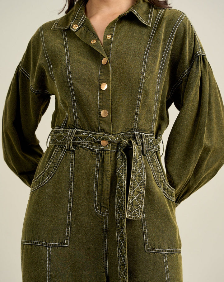 Nikki Mehra In Our Kendal Olive Jumpsuit