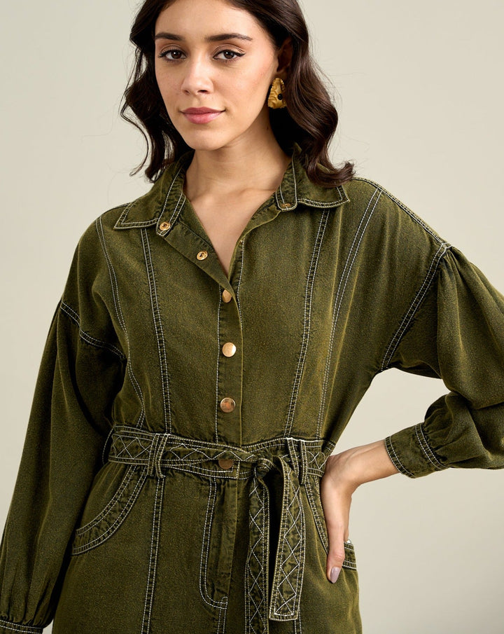 Nikki Mehra In Our Kendal Olive Jumpsuit