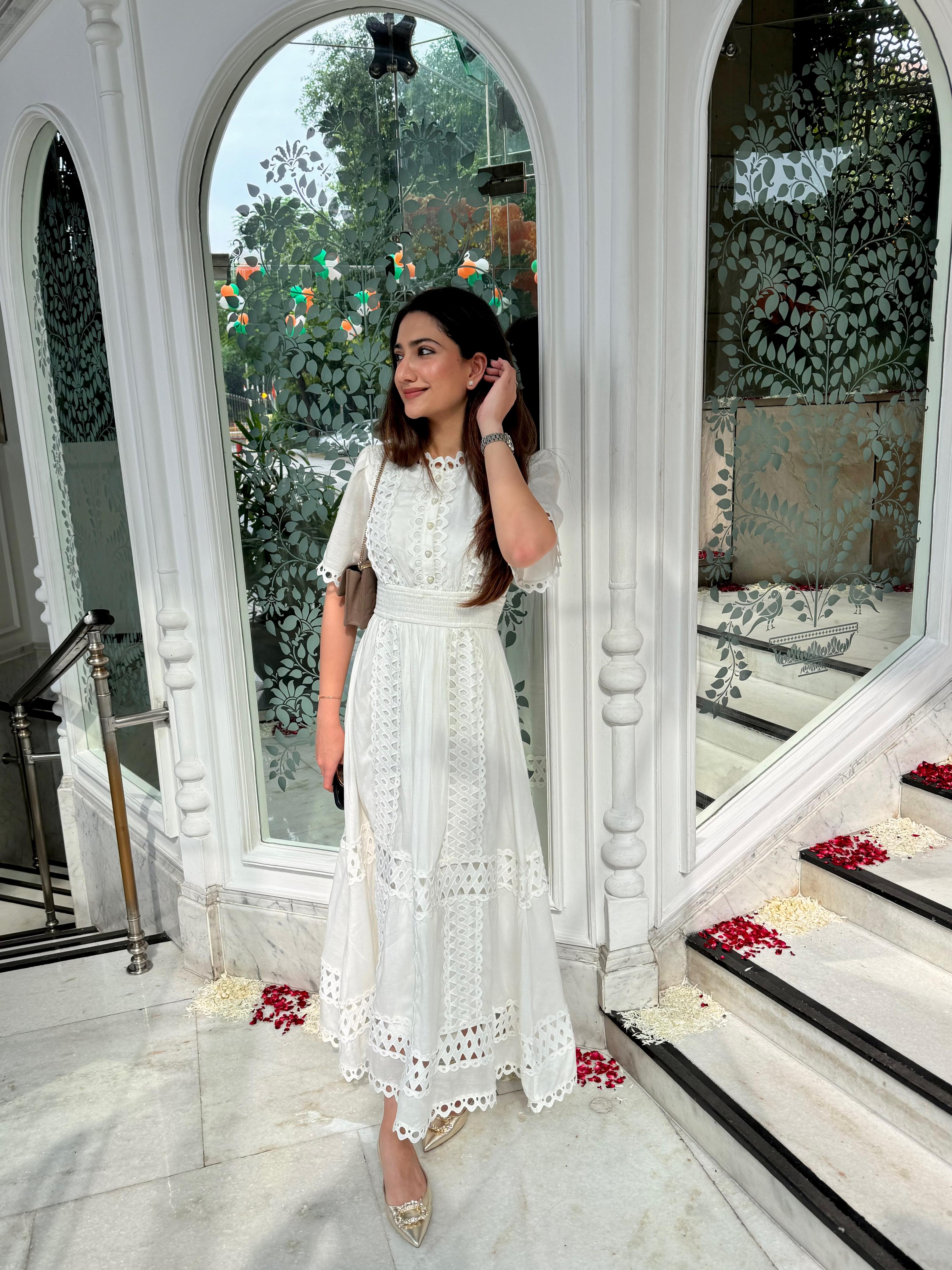 Tushita Mehta in our Sabrina Lace Dress